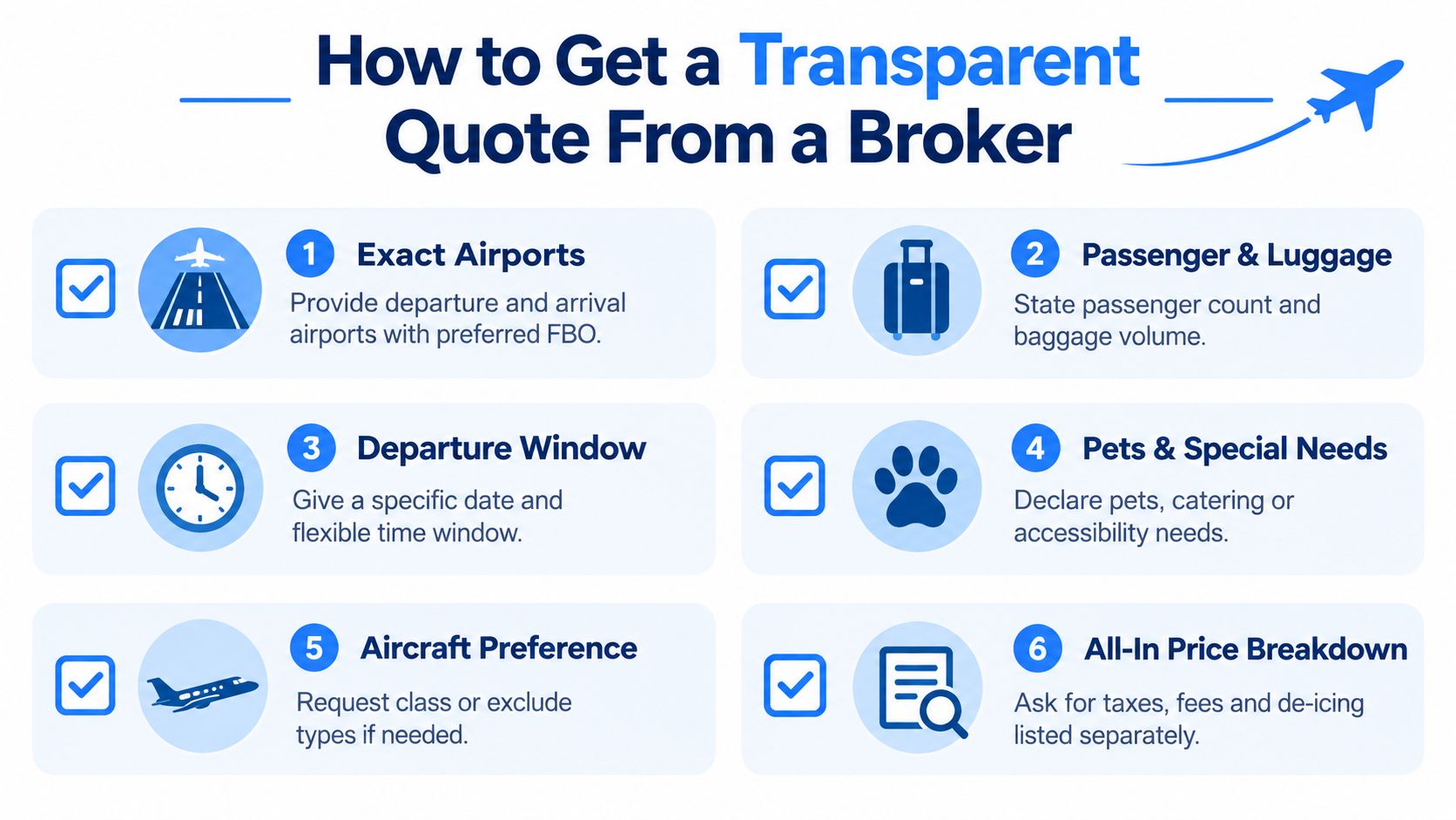 An infographic titled How to Get a Transparent Quote From a Broker with six steps for booking private jets.