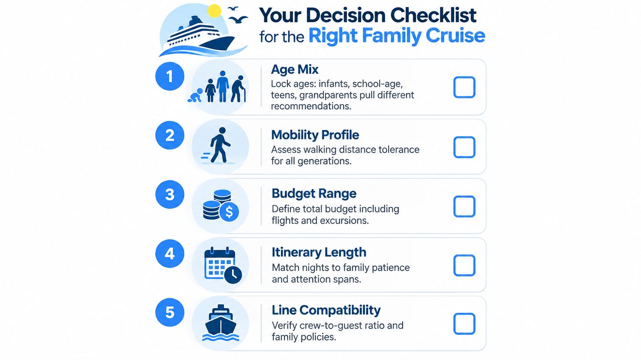 A numbered checklist for choosing the right family cruise, including categories like age mix and budget.