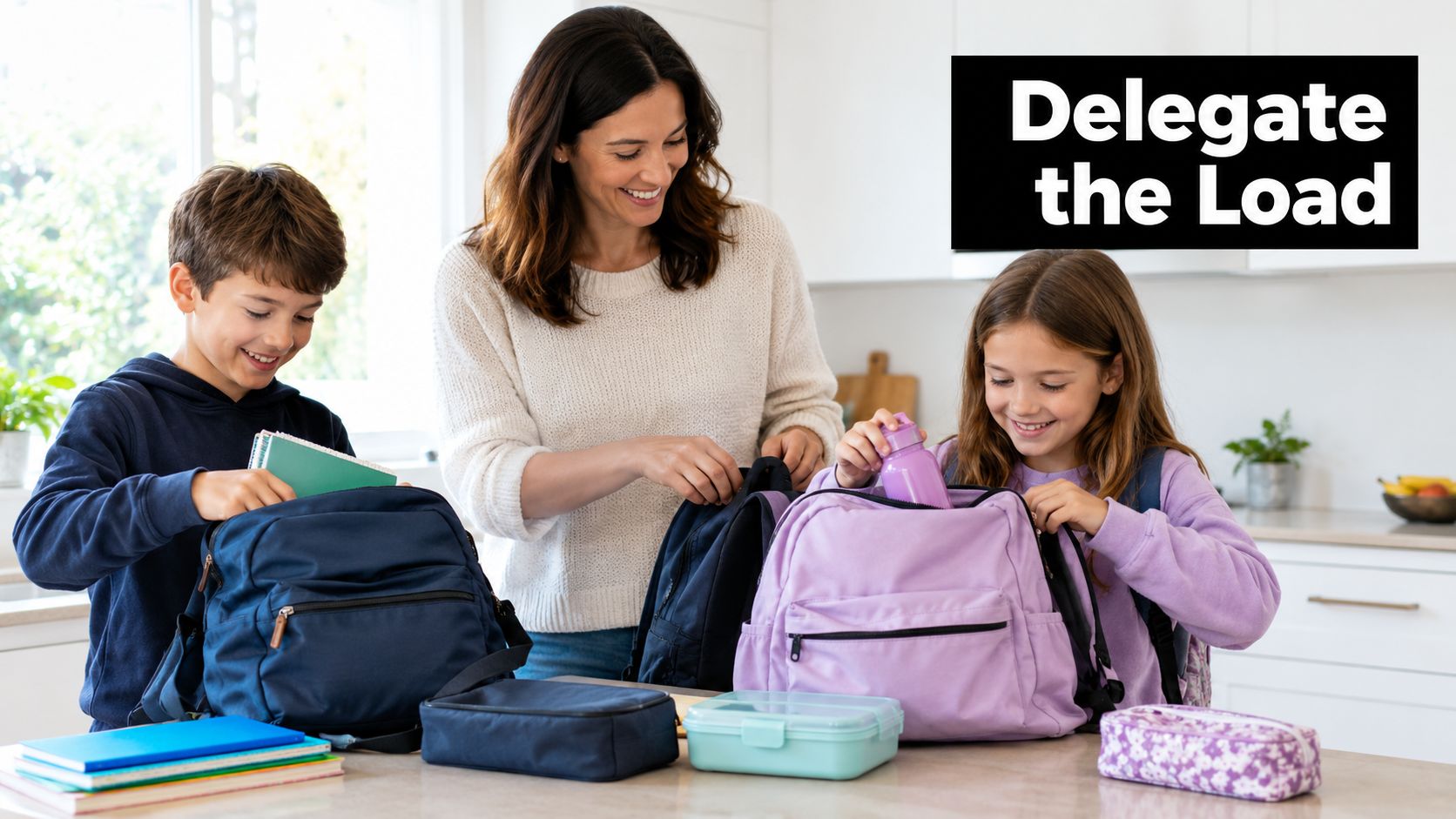 A mother helping her young son and daughter pack their school backpacks on a kitchen counter.