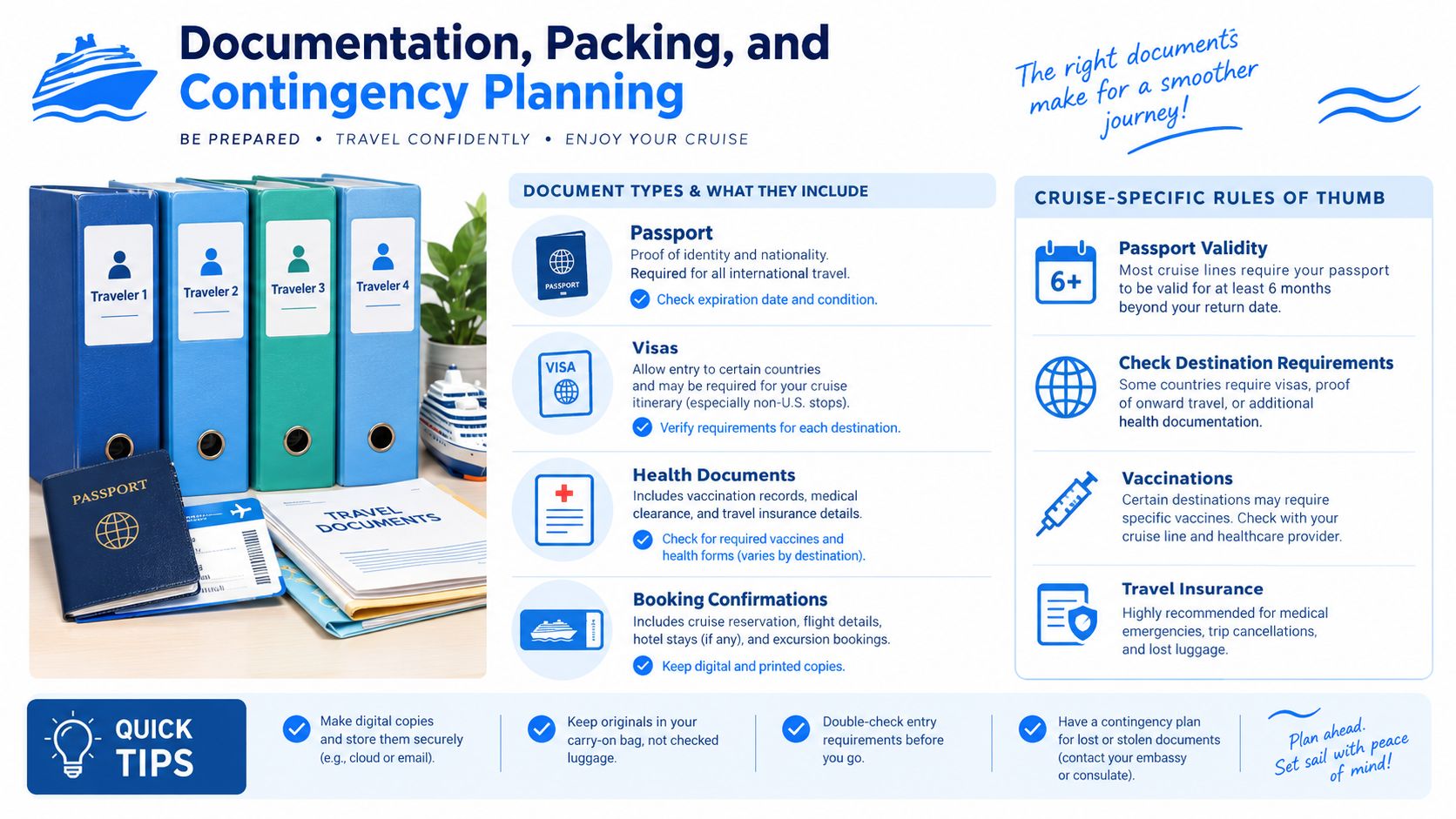 An infographic titled Documentation, Packing, and Contingency Planning for cruise travel, detailing document requirements and safety tips.