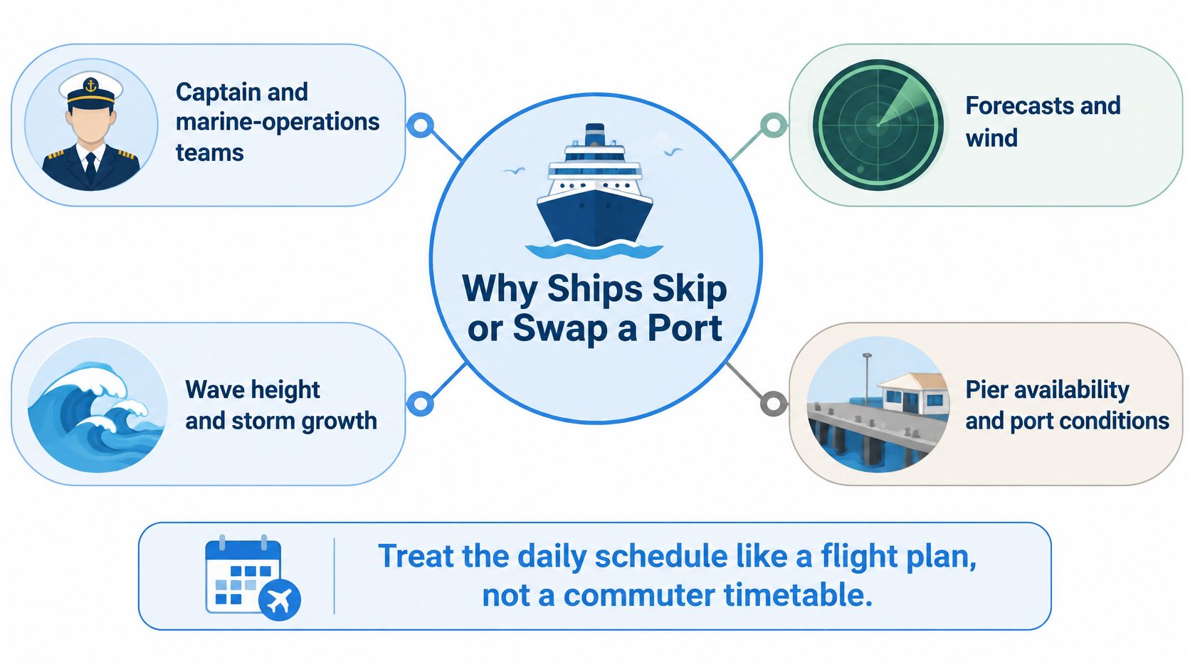 An infographic explaining common reasons cruise ships skip or swap a scheduled port call during a voyage.