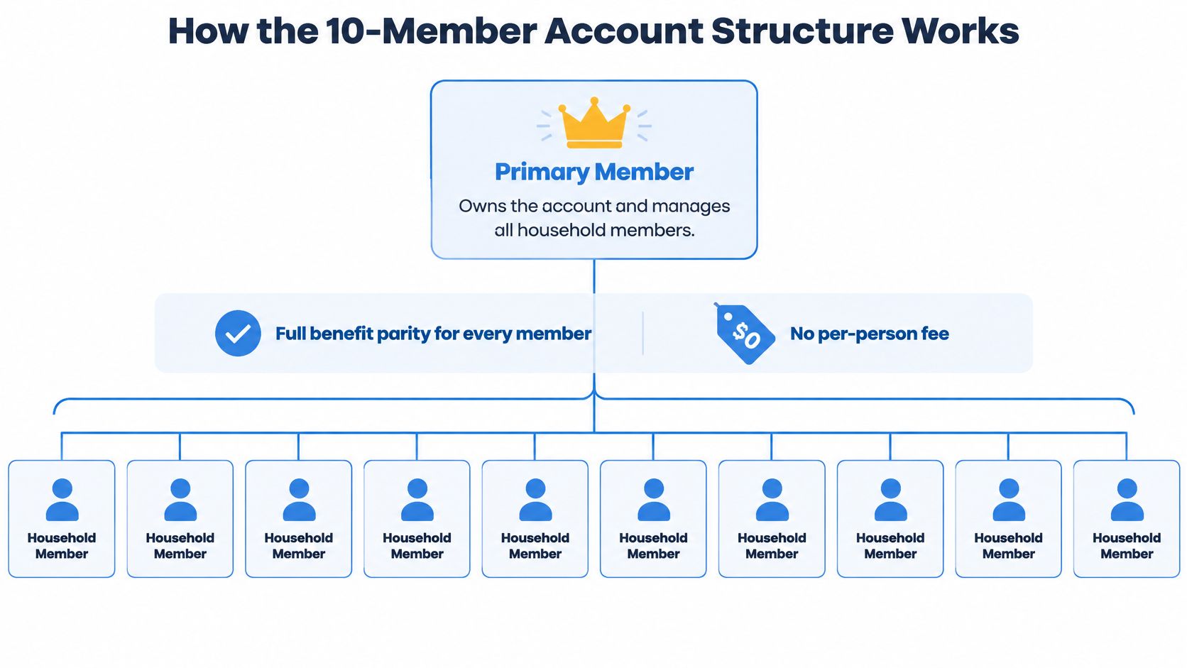 A diagram illustrating a 10-member household account structure with one primary member managing ten additional household members.
