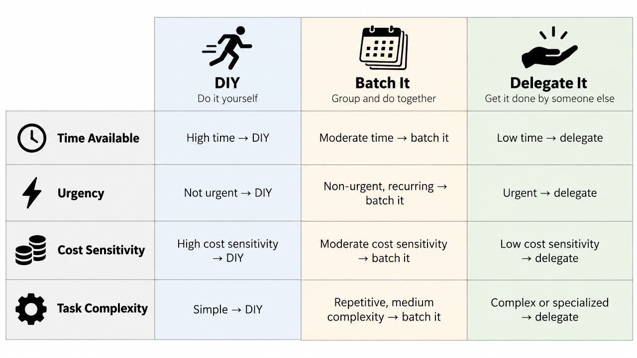 A decision matrix showing when to do, batch, or delegate tasks based on time, urgency, cost, and complexity.