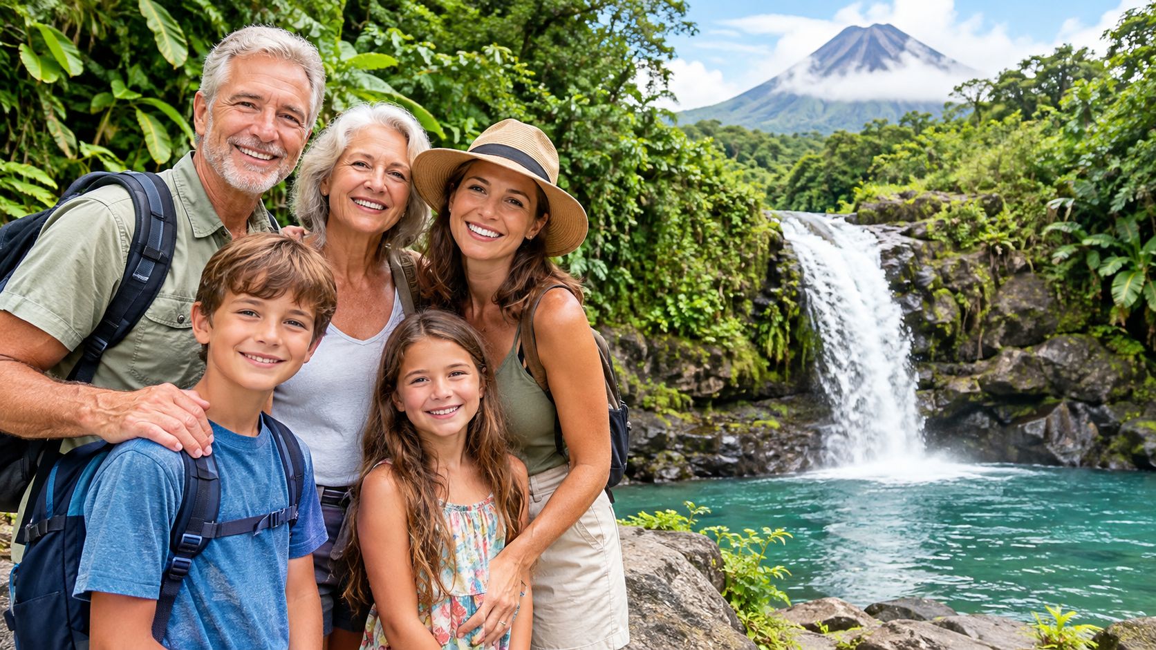 A happy multi-generational family posing for a photo in front of a waterfall and volcanic landscape.
