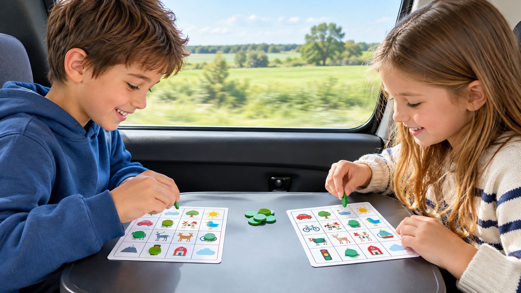 Two happy children playing a colorful car bingo game together while sitting in the backseat of a vehicle.