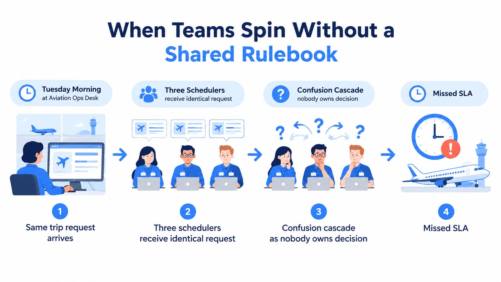 An infographic illustrating four steps of operational confusion when teams lack a shared decision-making rulebook.