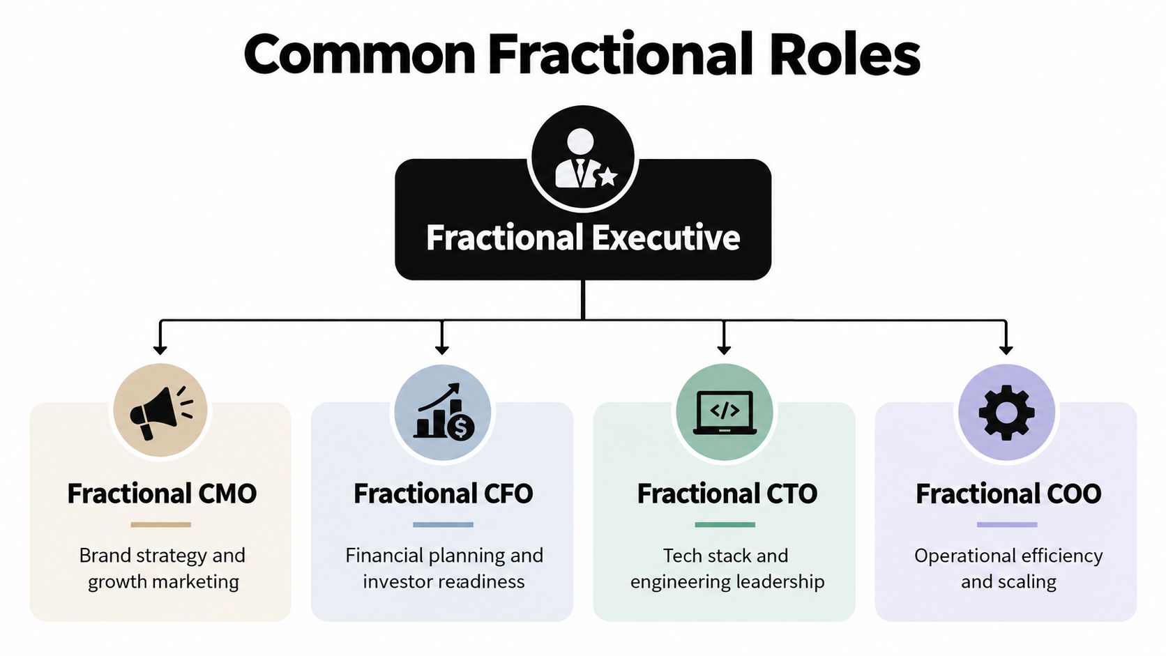 A diagram illustrating common fractional executive roles including CMO, CFO, CTO, and COO with their primary responsibilities.