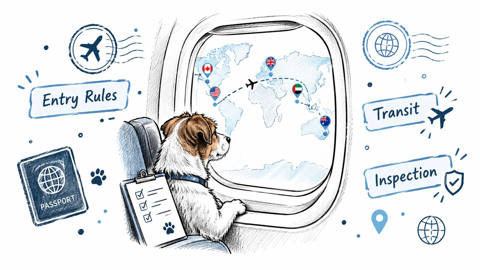 A cartoon dog sitting in an airplane seat, looking out the window at a world map.
