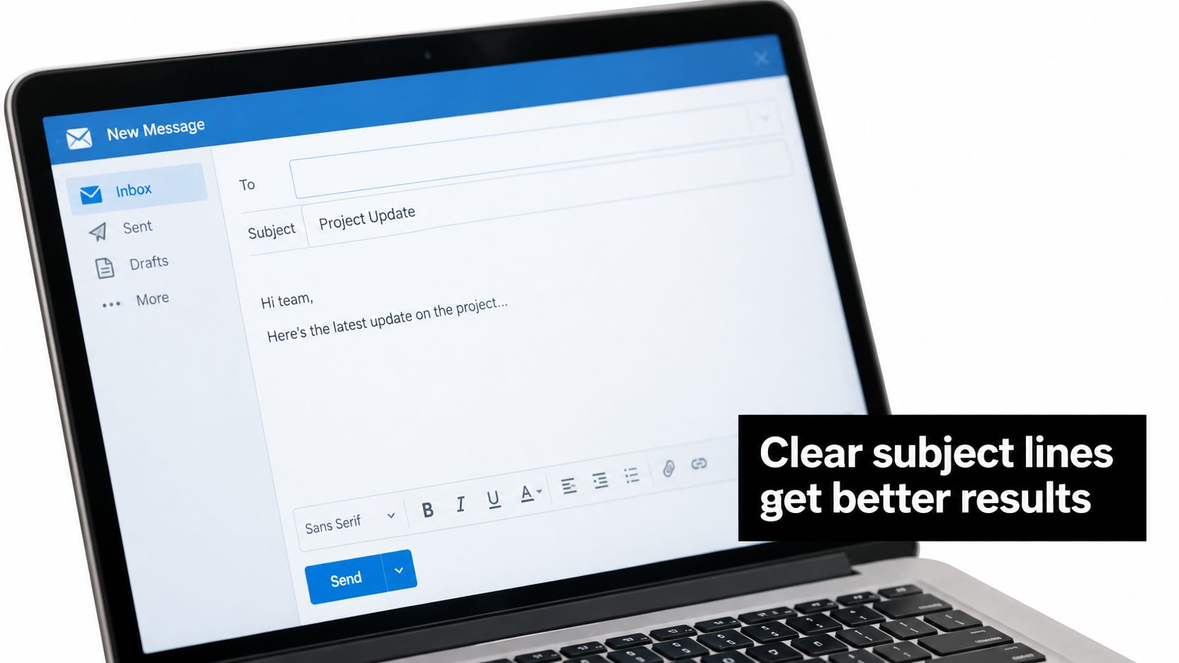 A laptop screen displaying an email draft with an optimized subject line and a tips overlay.