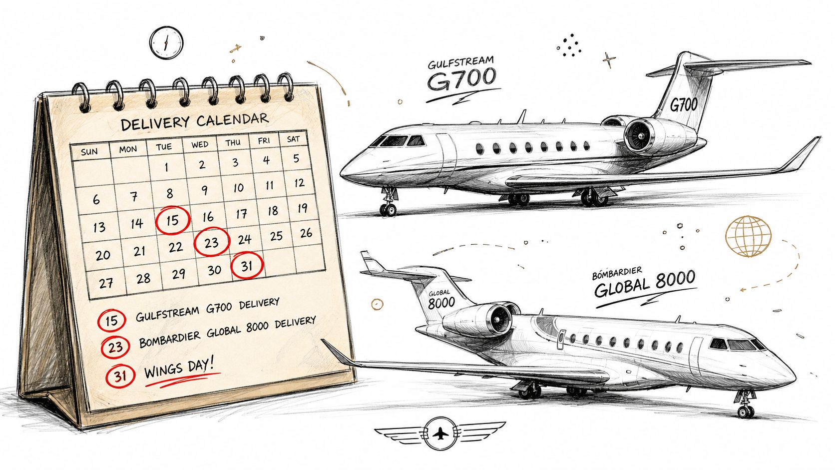 A hand-drawn calendar shows delivery dates for Gulfstream G700 and Bombardier Global 8000 private jets.