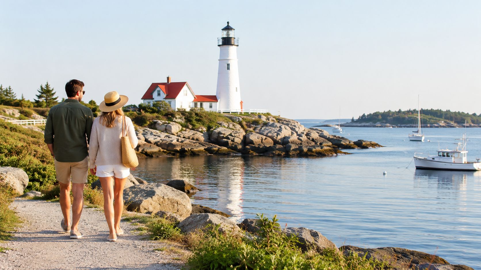 A couple walks along a coastal path with a white lighthouse and rocky shoreline in the background.