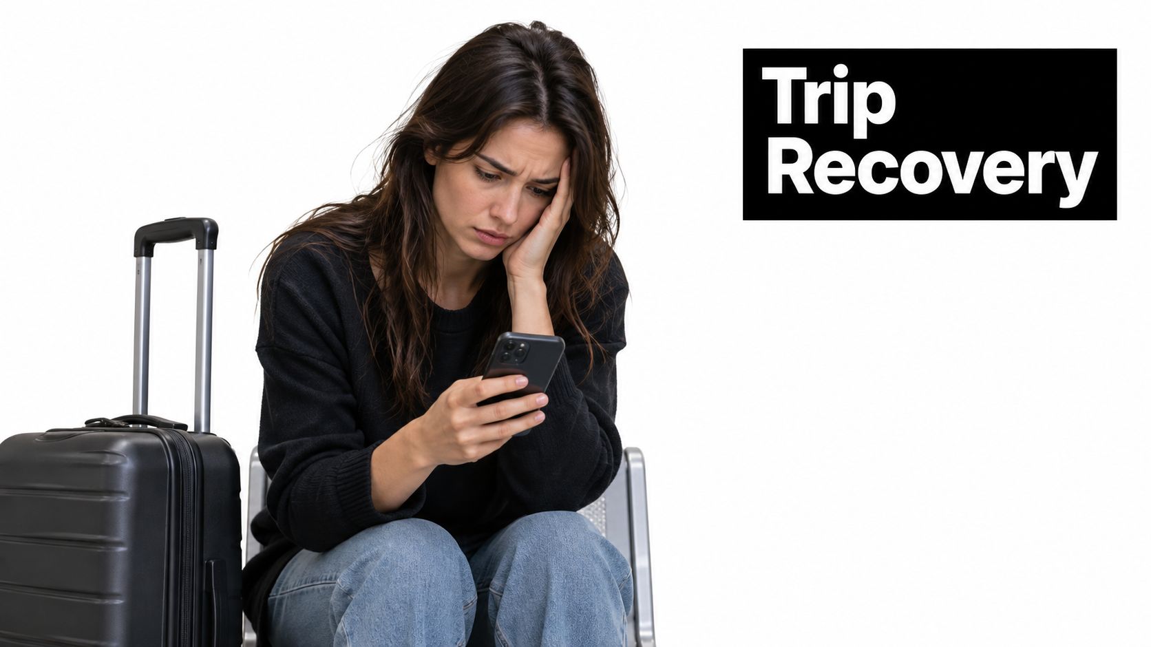 A stressed woman sitting at an airport with her luggage, looking at her phone during trip delays.
