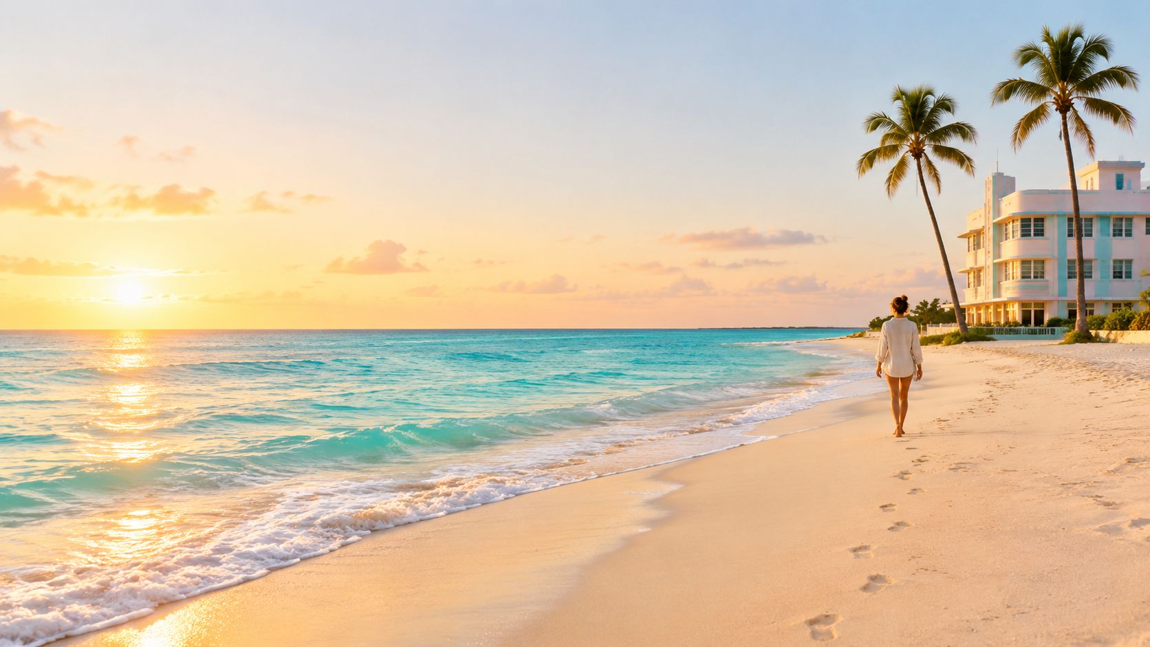 A woman walks along a sunny tropical beach during sunrise near a hotel with palm trees.