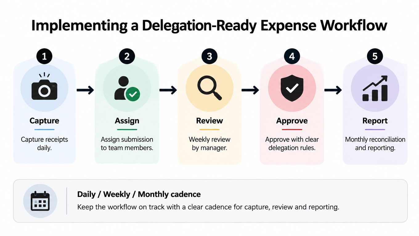 A five step process for a delegation ready expense workflow, from capturing receipts to monthly reporting.