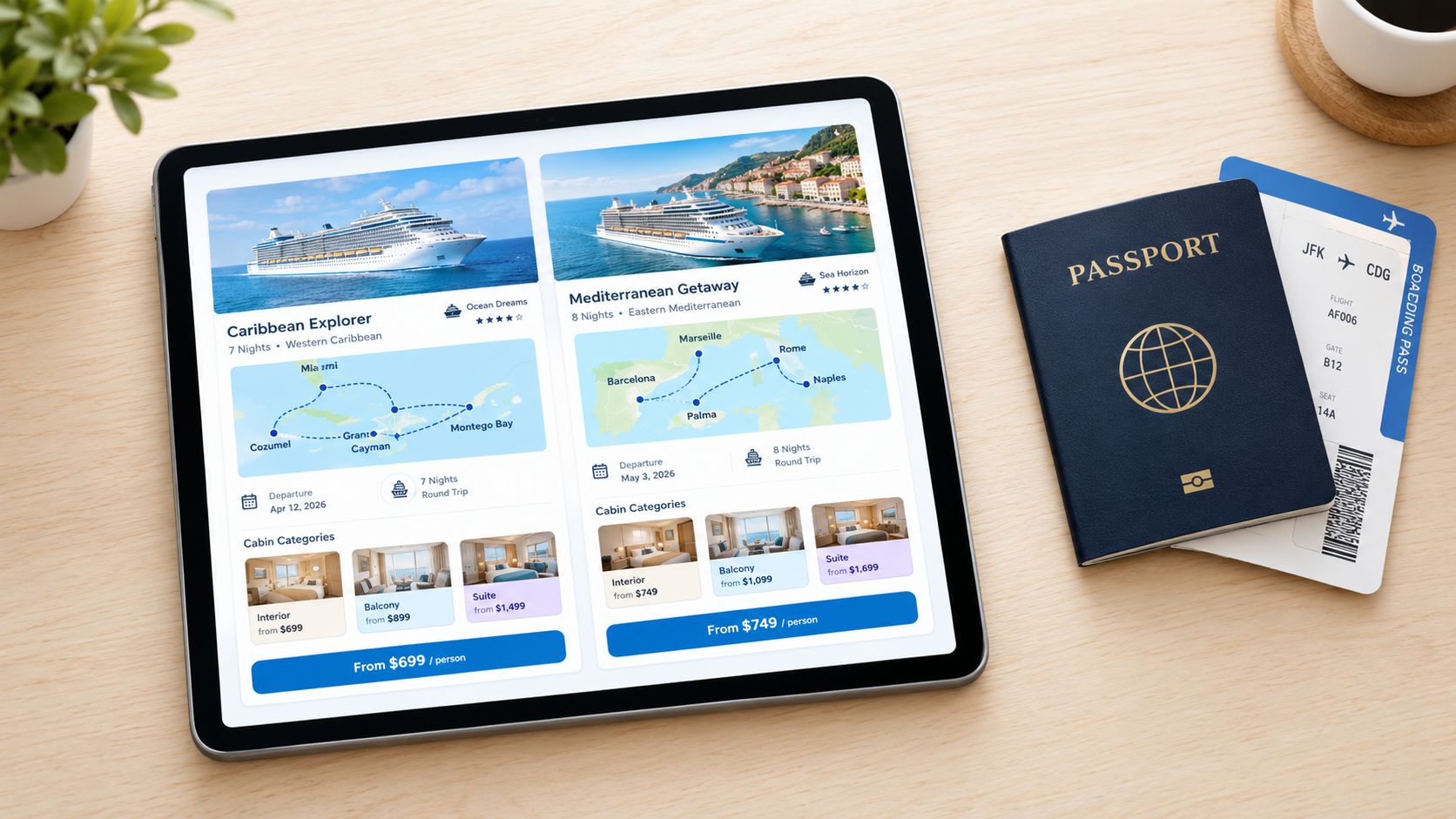 A digital tablet showing cruise travel options next to a passport and boarding pass on a desk.