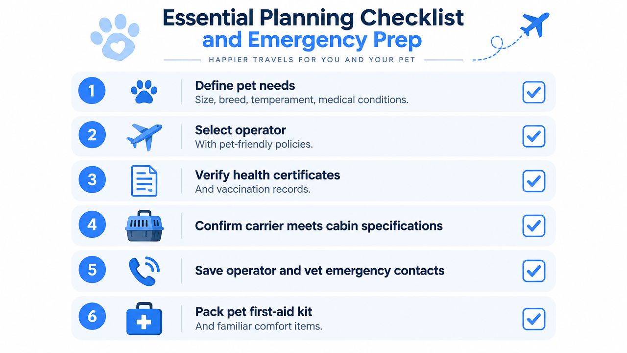 An infographic checklist for planning pet air travel including health, safety, and emergency preparation steps.