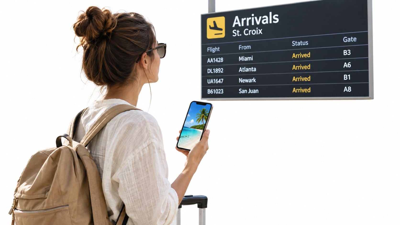 A traveler with a backpack and phone looks at an airport arrivals board for St. Croix flights.