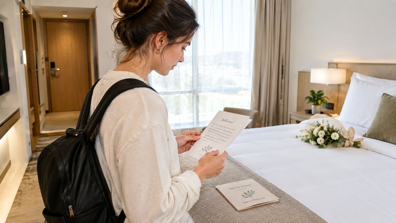 A woman with a backpack reading a hotel welcome letter in a modern, clean bedroom suite.