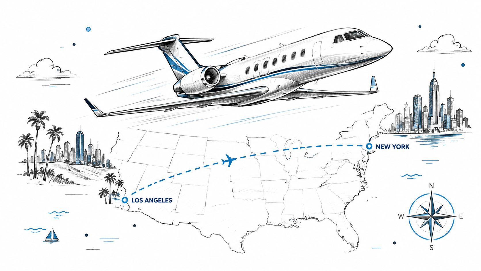 A sketched illustration of a private jet flying across the United States from Los Angeles to New York.