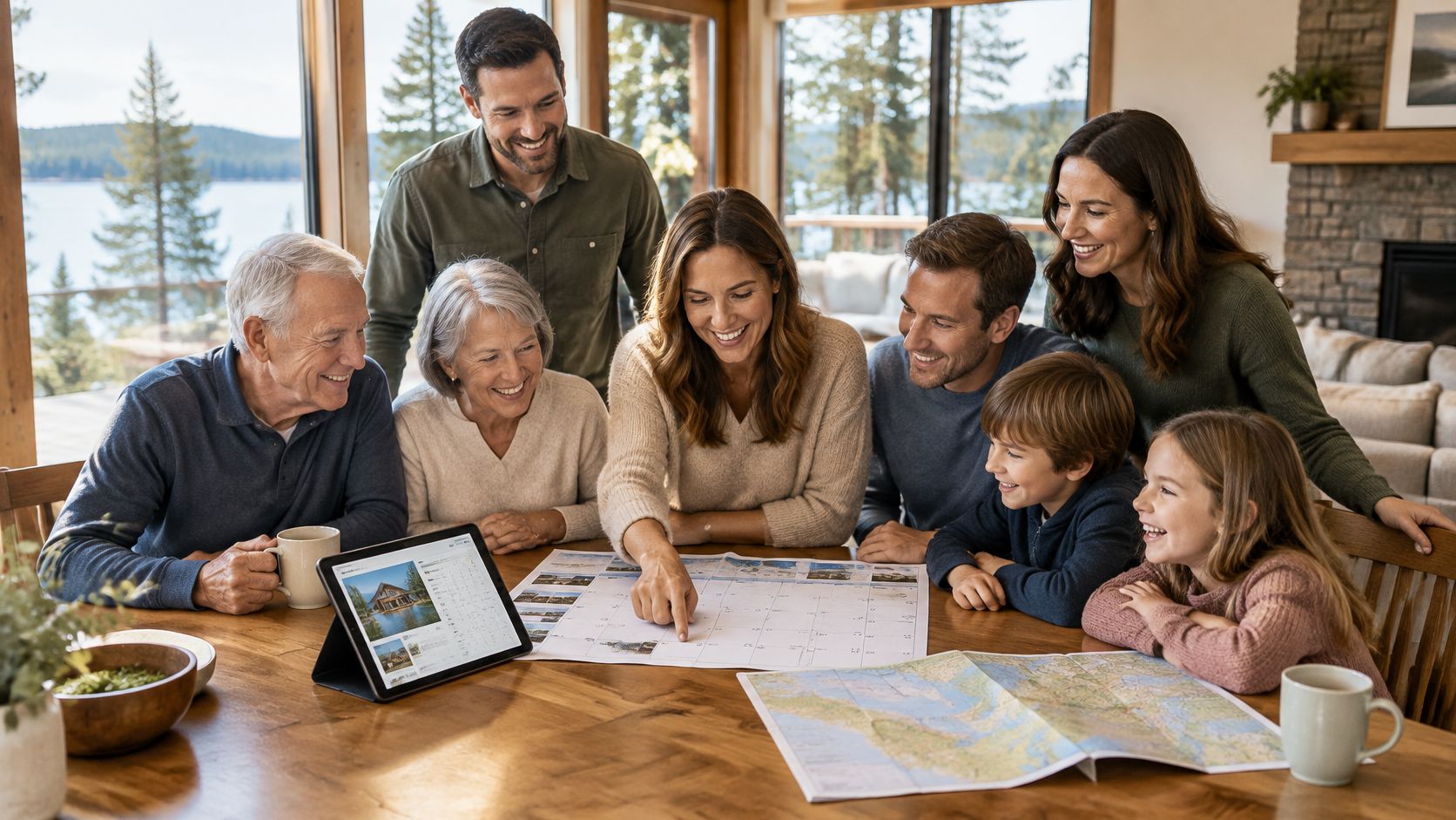 A multi-generational family sitting around a wooden table planning a trip with maps and a tablet.