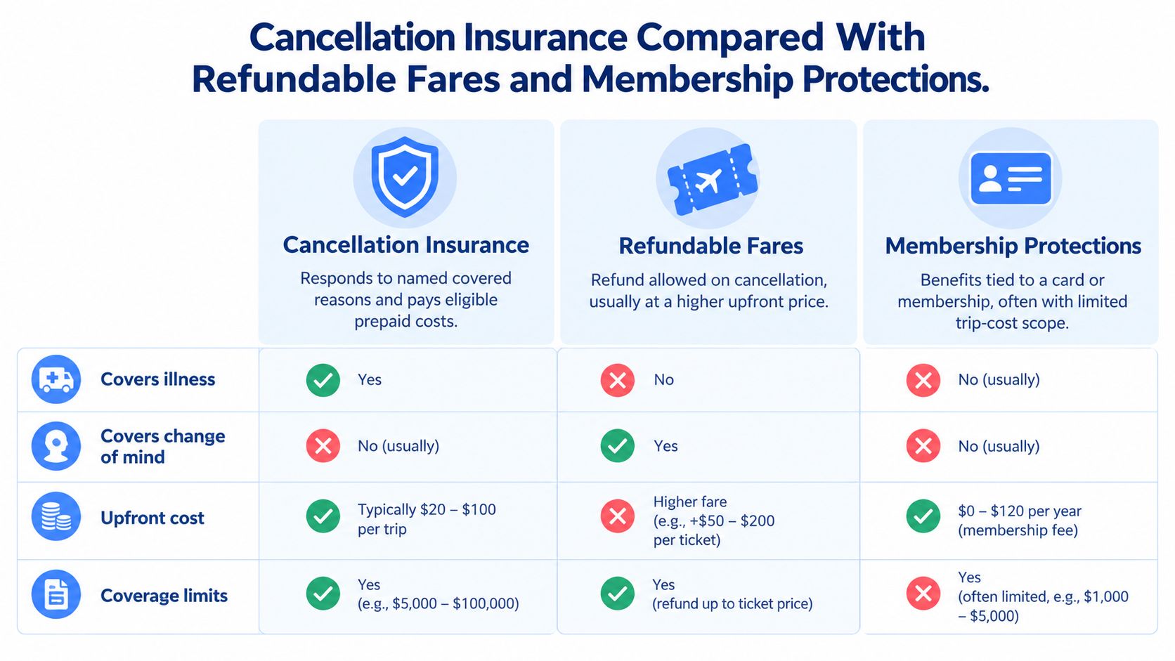 A comparison chart outlining the differences between travel cancellation insurance, refundable fares, and membership protections for trips.