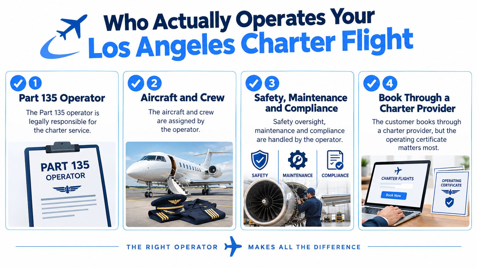 An infographic explaining the roles and responsibilities of operators in Los Angeles private charter flight services.