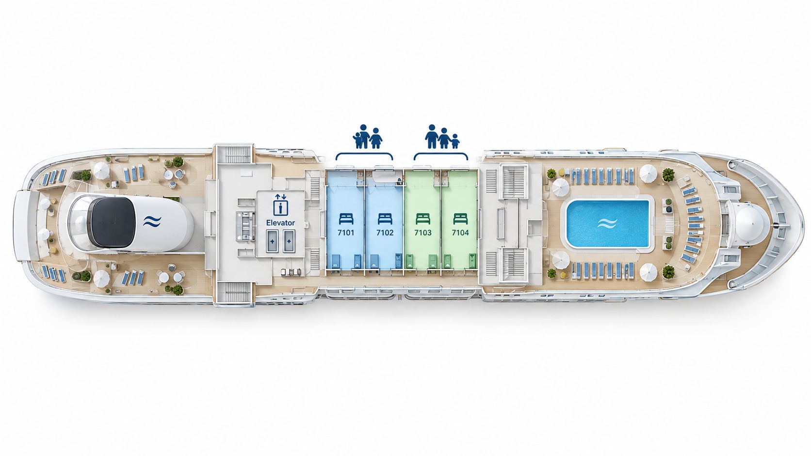 An aerial view of a cruise ship deck layout showing cabins, a swimming pool, and elevator access.