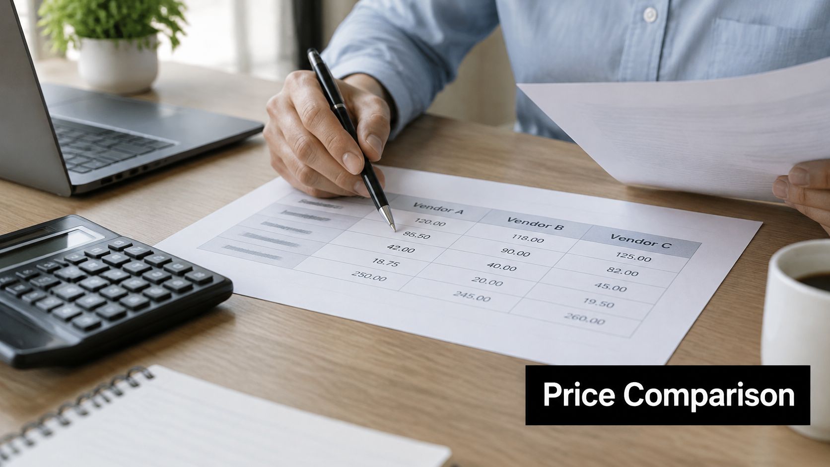 A professional analyzing a table comparing price data from three different vendors on a desk.