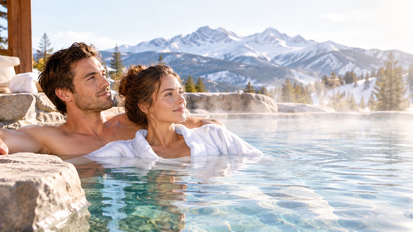 A happy couple enjoying a relaxing soak in a natural outdoor hot spring overlooking snowy mountains.