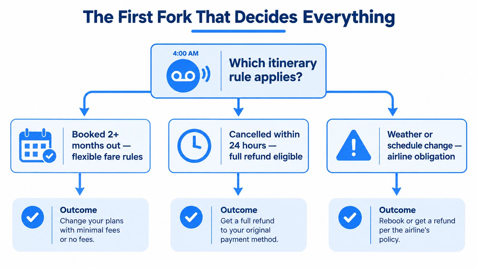 A flow chart titled The First Fork That Decides Everything showing three scenarios for cancelling airline tickets.