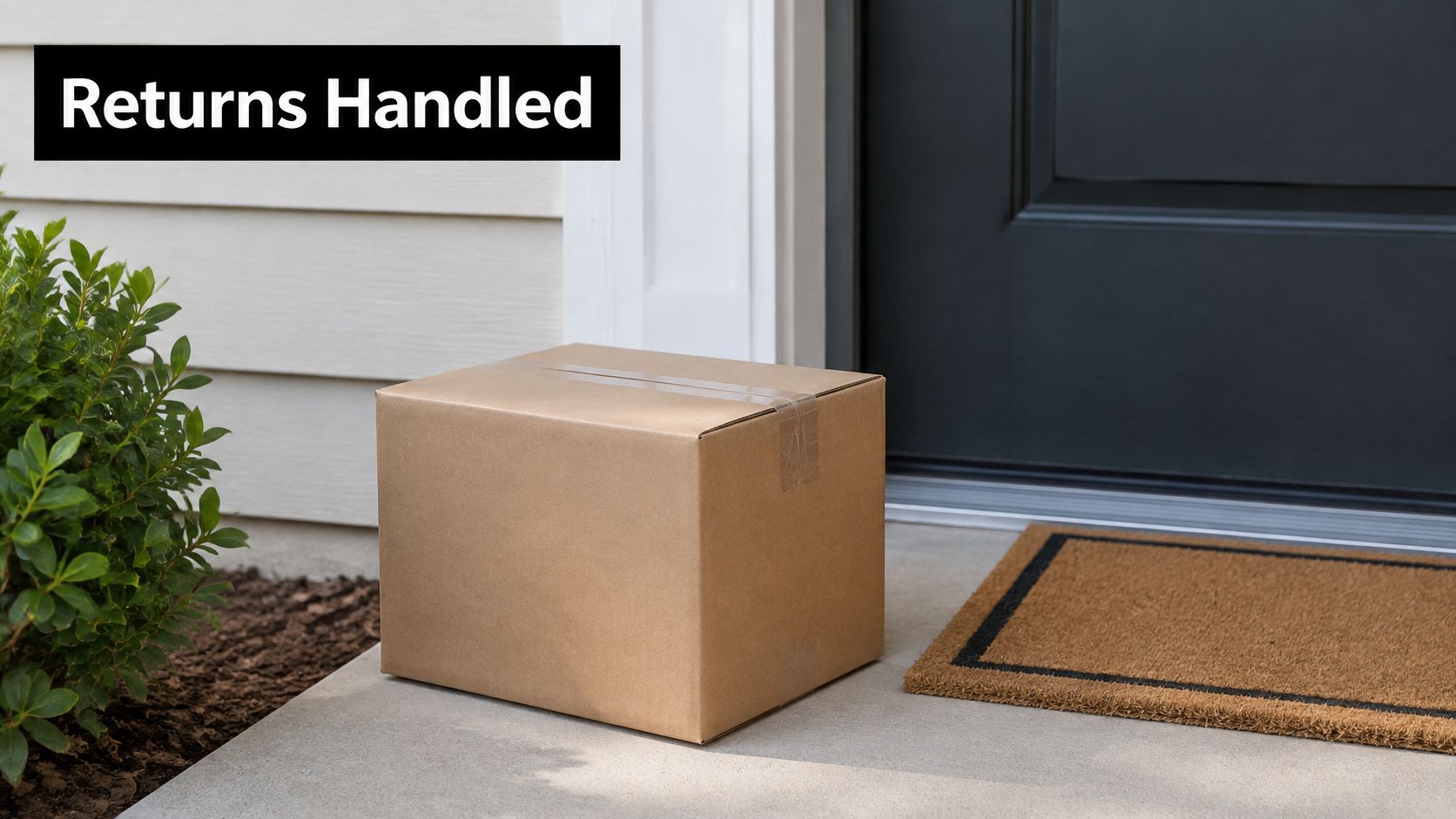 A brown cardboard delivery box sits on a front porch next to a black door and mat.