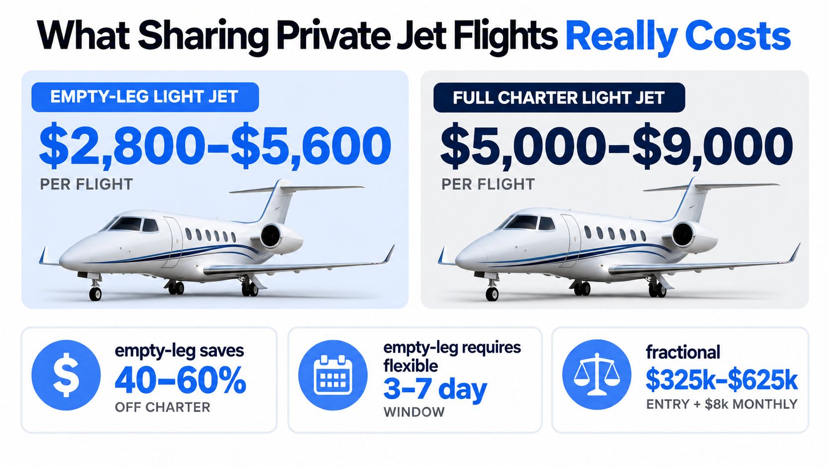 An infographic comparing costs for empty-leg flights versus full charter private jet flights and fractional ownership.