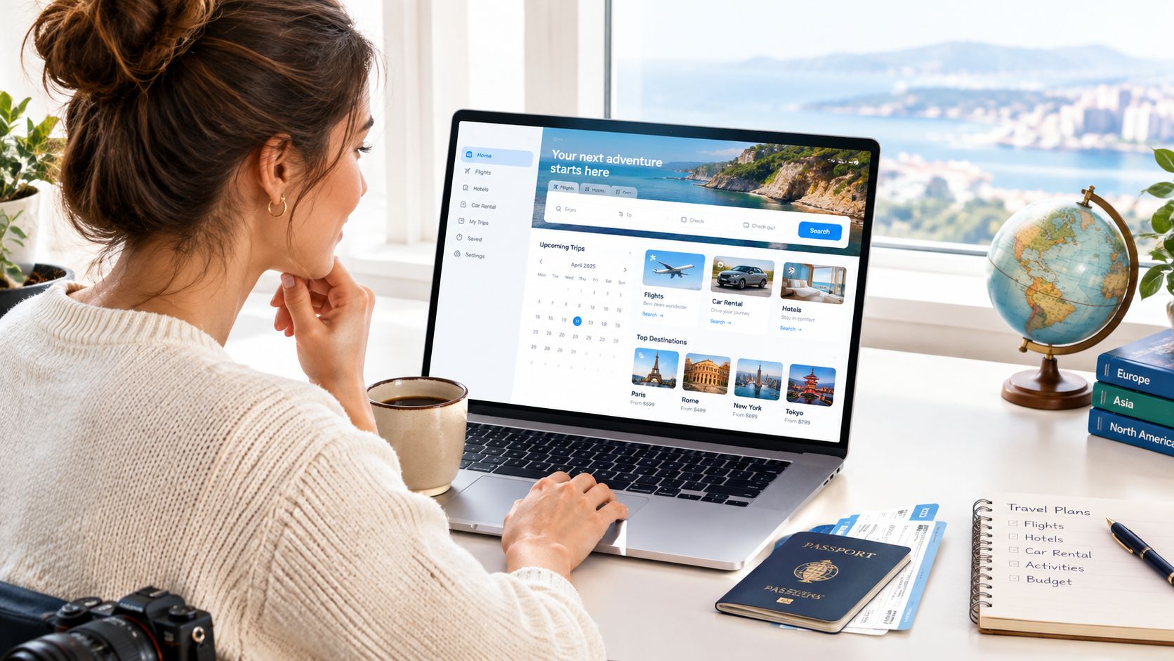 A young woman planning travel arrangements on her laptop while sitting at a desk with a globe.