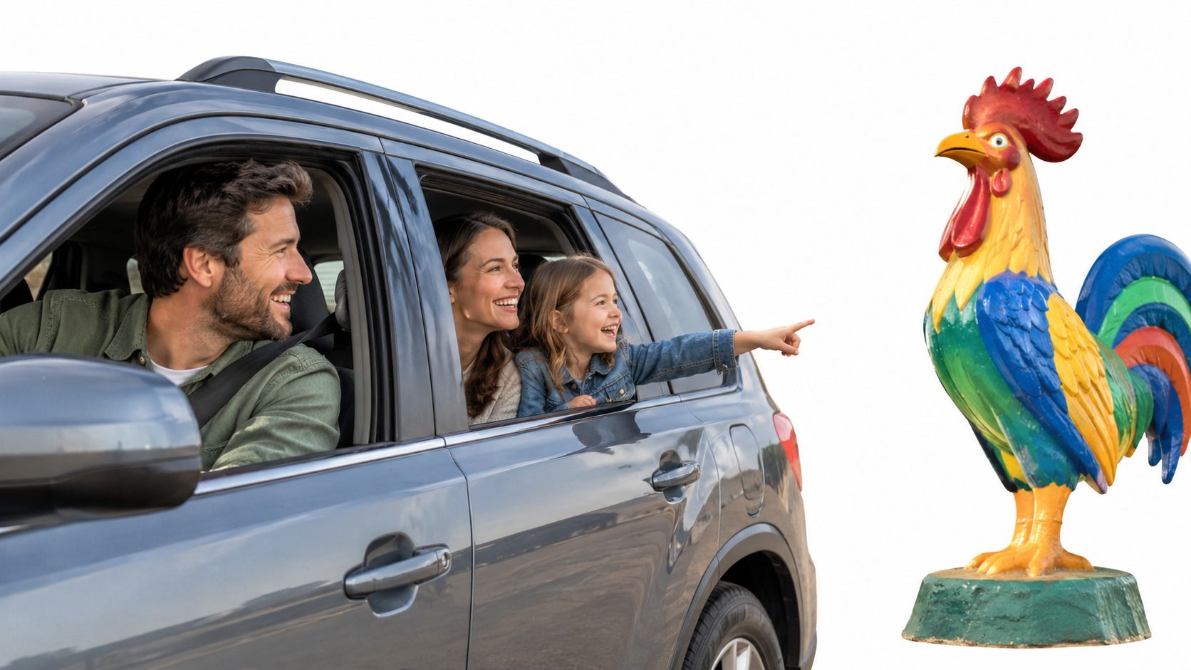 A happy family driving in a car and pointing at a colorful rooster statue outdoors.