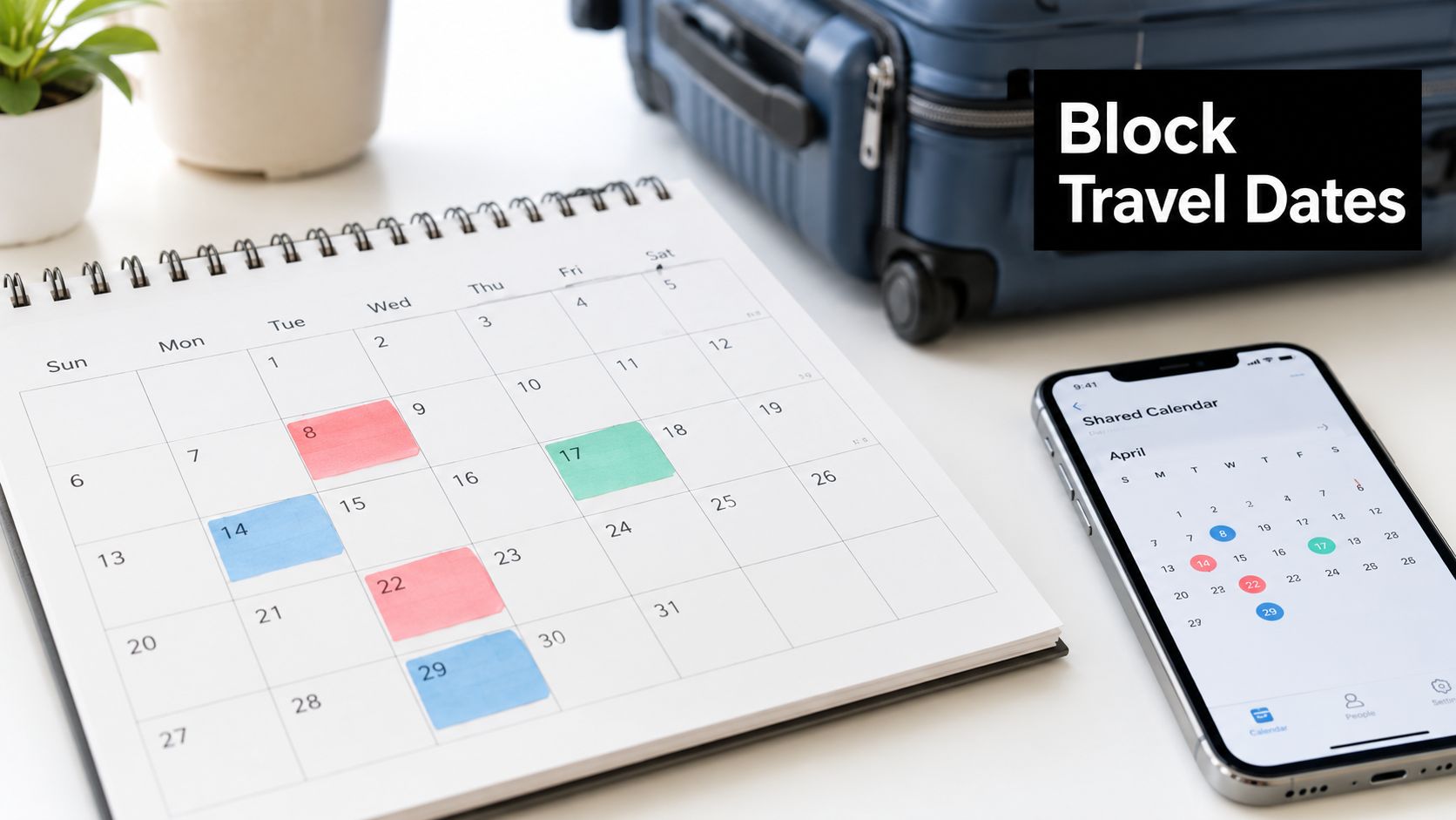 A spiral-bound wall calendar and a smartphone screen both displaying April travel planning dates on a desk.