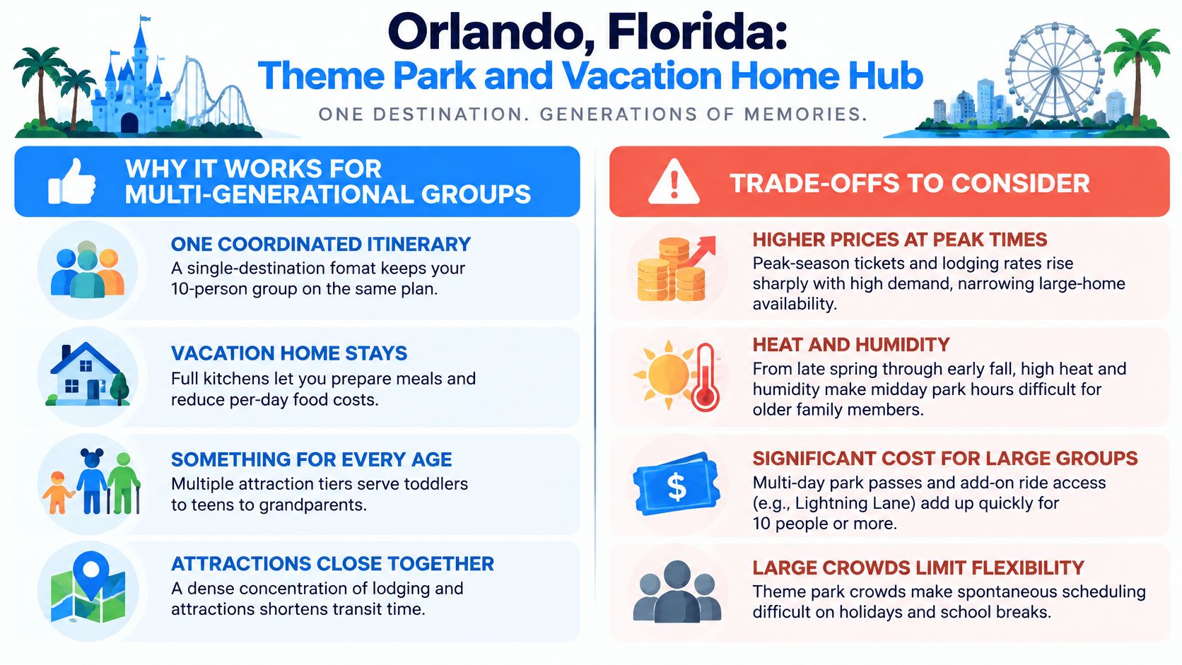 An infographic titled Orlando Florida: Theme Park and Vacation Home Hub highlighting benefits and trade-offs for multi-generational travel.