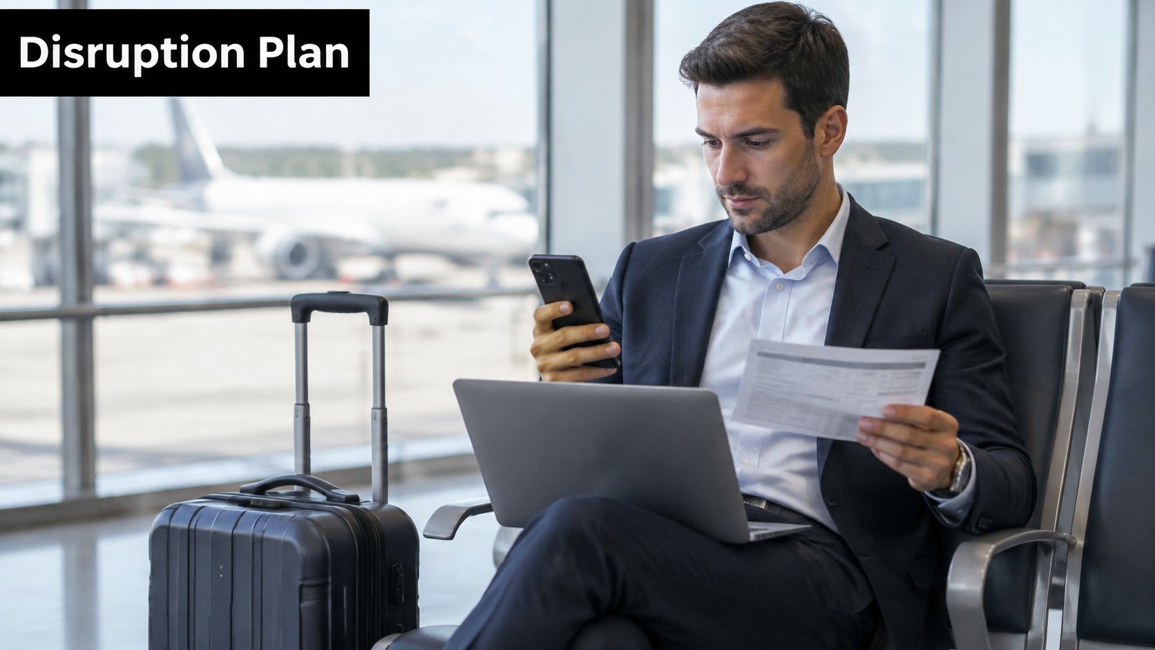A businessman in a suit sitting at an airport terminal using a laptop and phone, managing travel plans.
