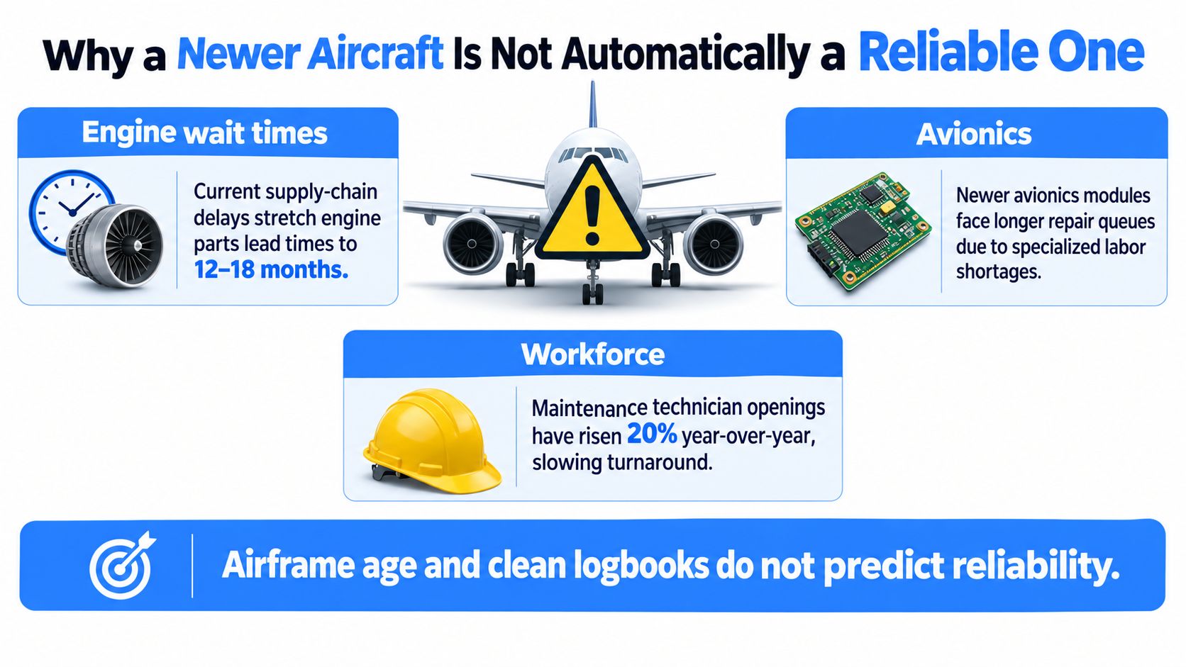 An infographic explaining why newer aircraft can still face reliability issues due to supply chains, labor, and maintenance.
