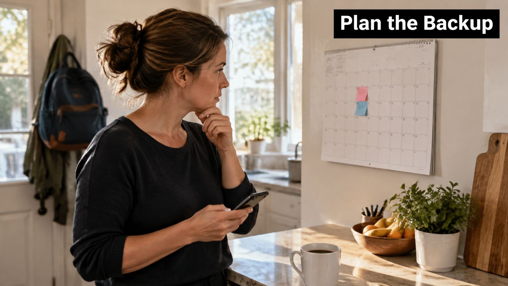 A woman thinking while holding her phone in front of a wall calendar with sticky notes.