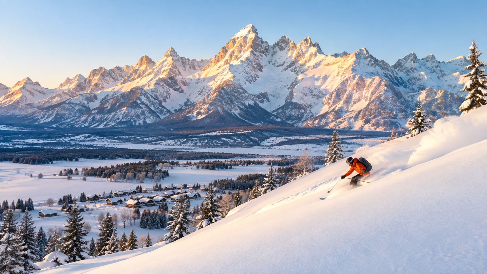 A skier in an orange jacket carves through deep powder snow in the Rocky Mountains during sunrise.
