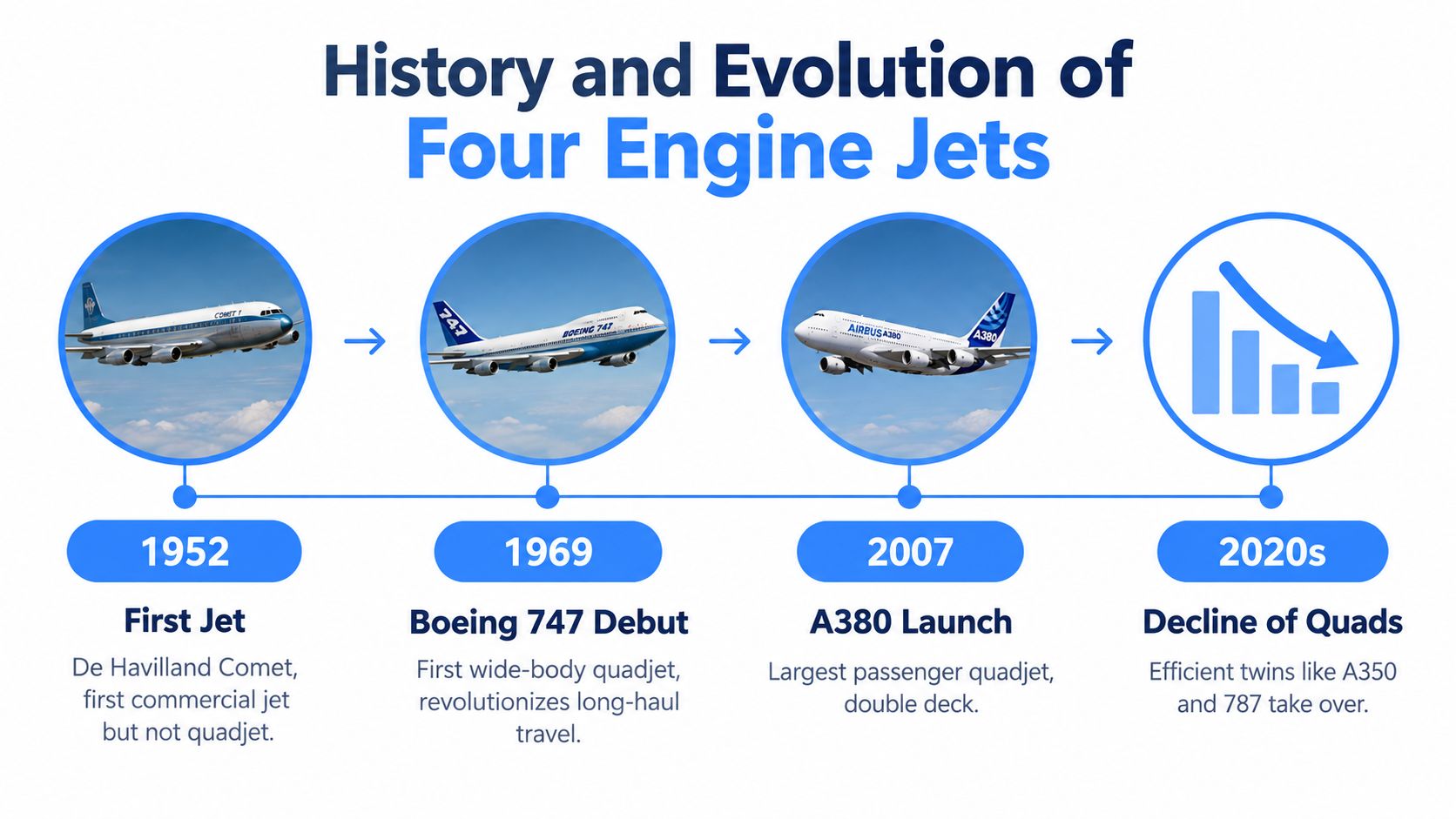 A timeline graphic showing the history and evolution of four-engine jet aircraft from 1952 to 2020s.