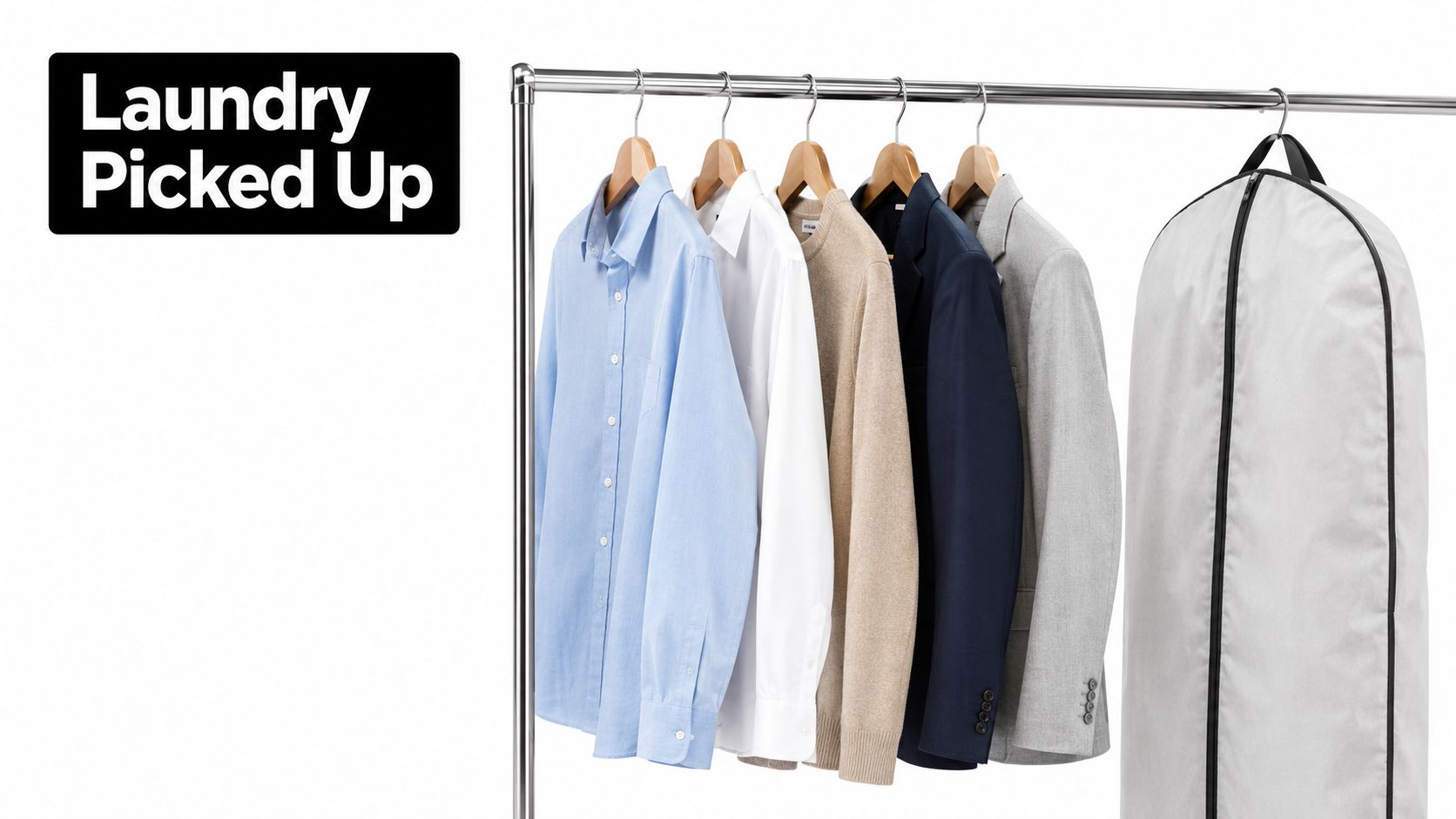 A clothing rack displaying various shirts, a sweater, and a suit jacket, with a garment bag included.