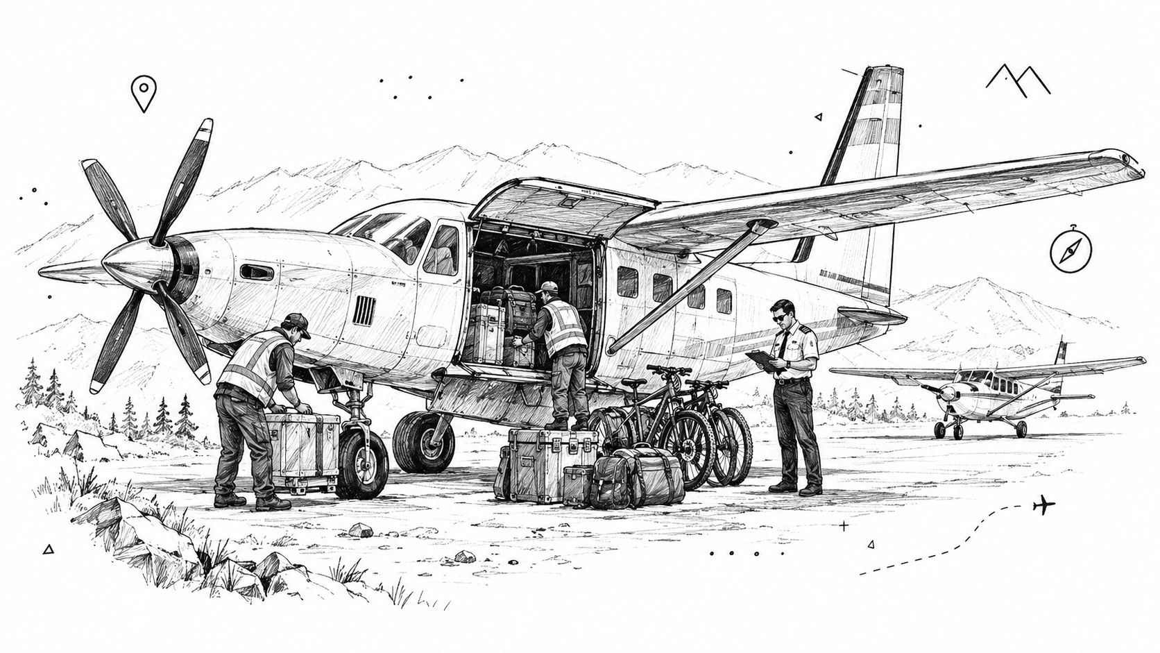 Ground crew loading cargo and bicycles into a small turboprop aircraft at a remote mountainous airfield.