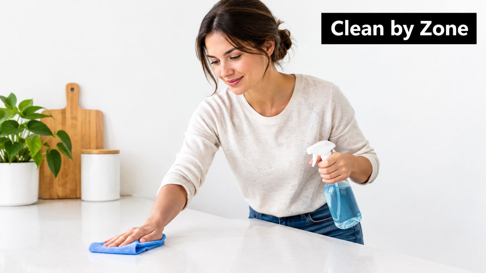 A woman cleaning a white kitchen countertop with a blue cloth and a spray bottle.