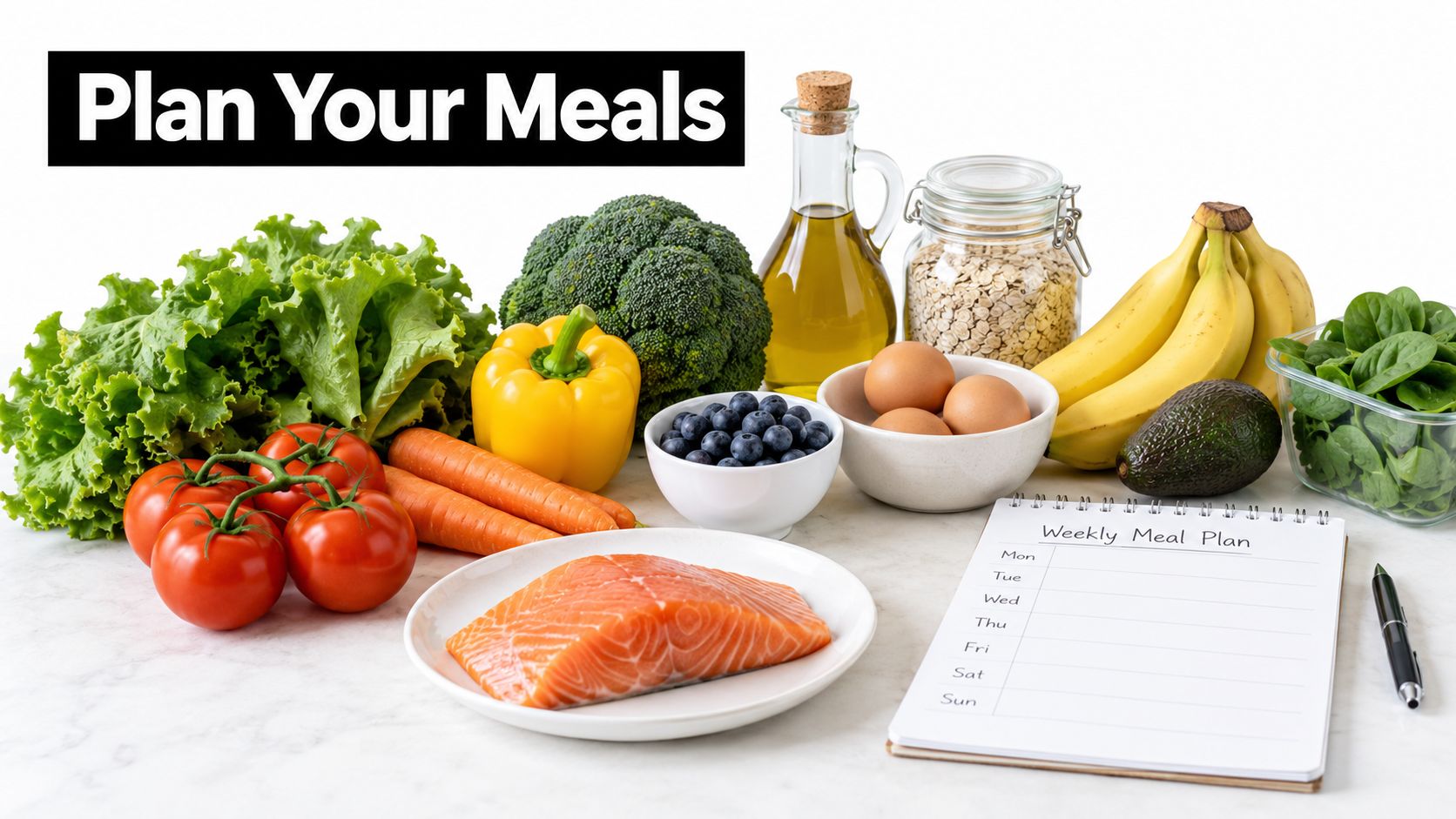 A fresh selection of healthy food ingredients and a blank weekly meal planner on a kitchen counter.