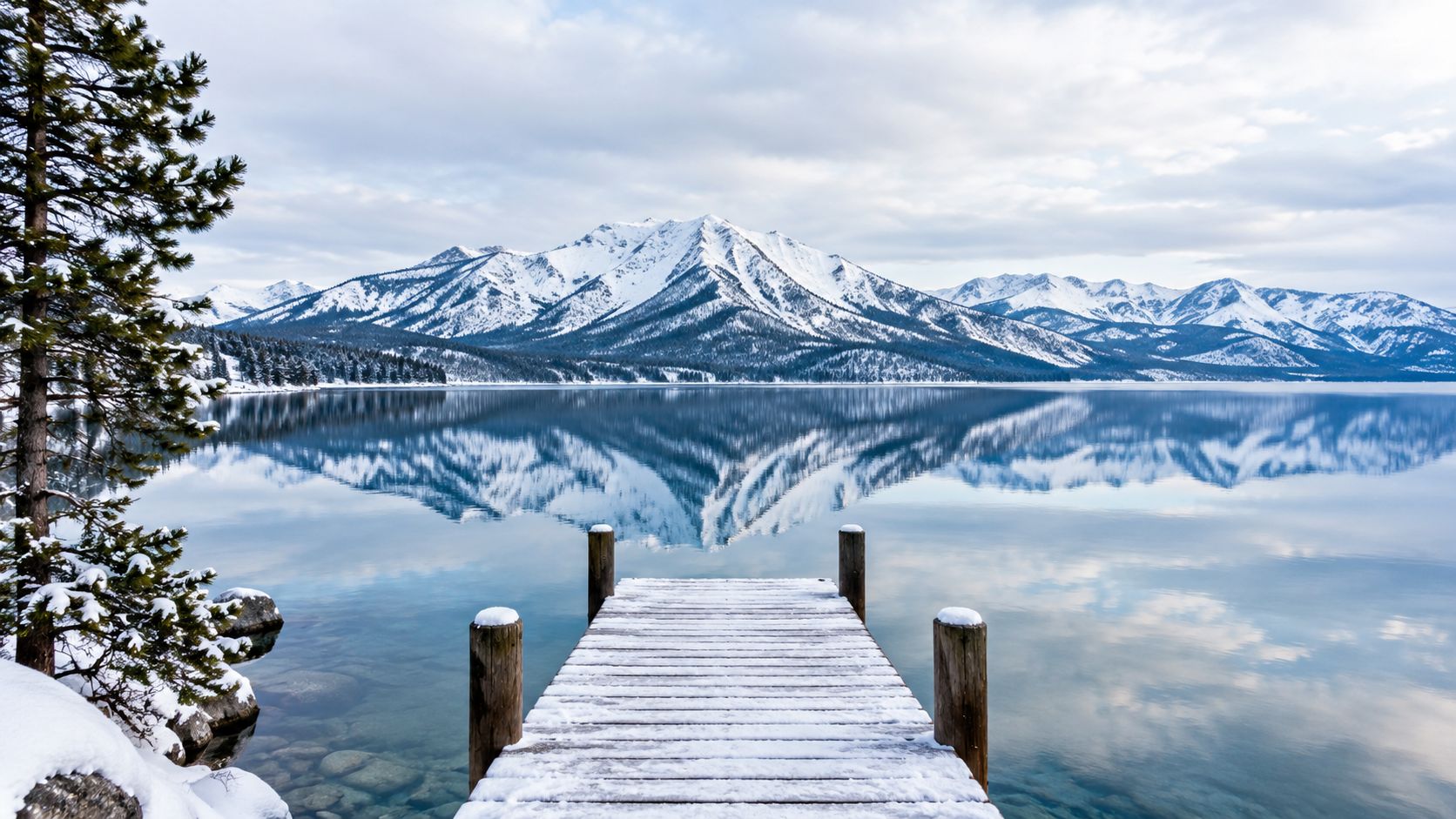 A snow-covered wooden dock extending into a calm lake reflecting a majestic snow-capped mountain range.