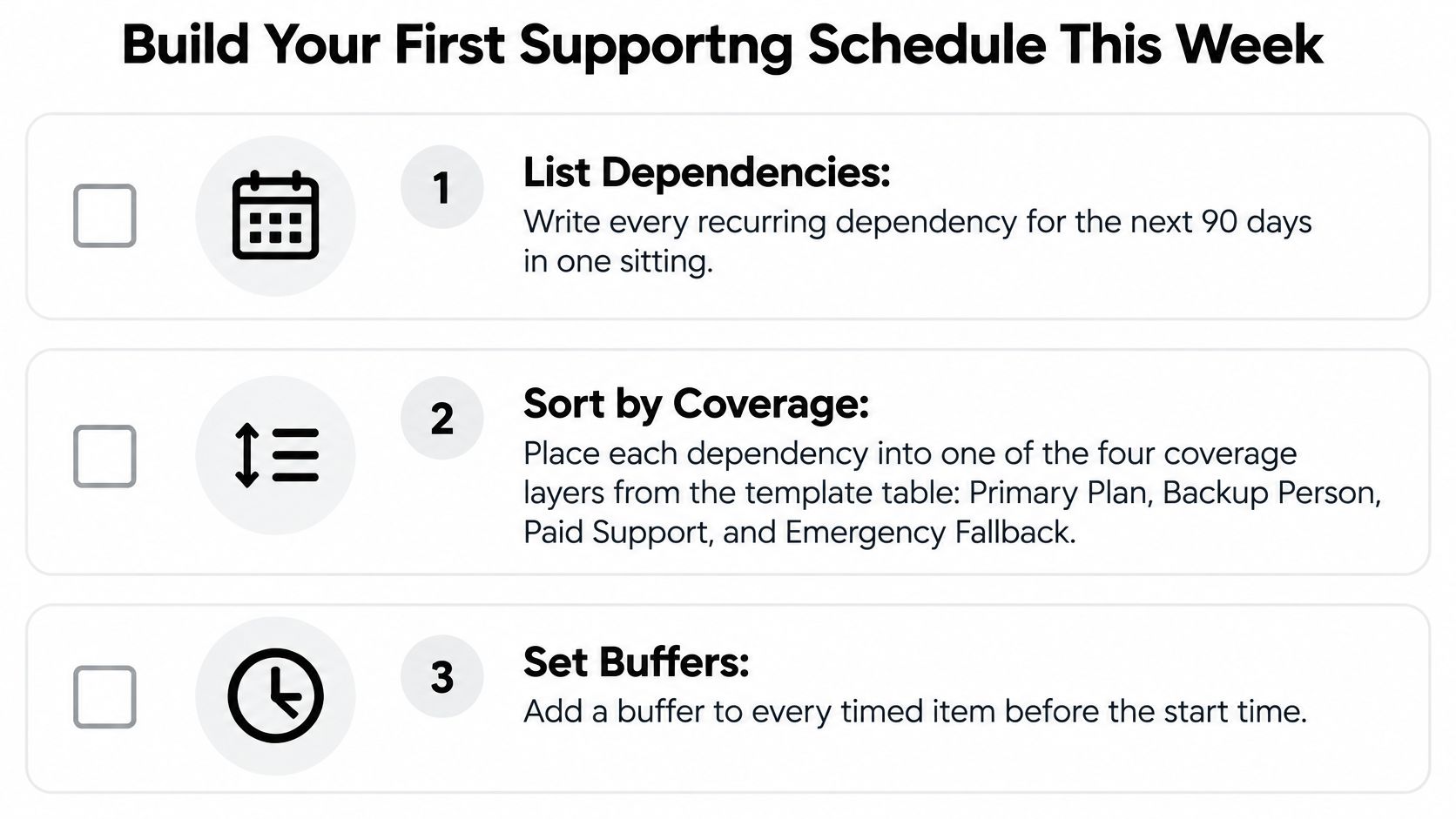 A checklist titled Build Your First Supporting Schedule This Week featuring three steps for better organization.