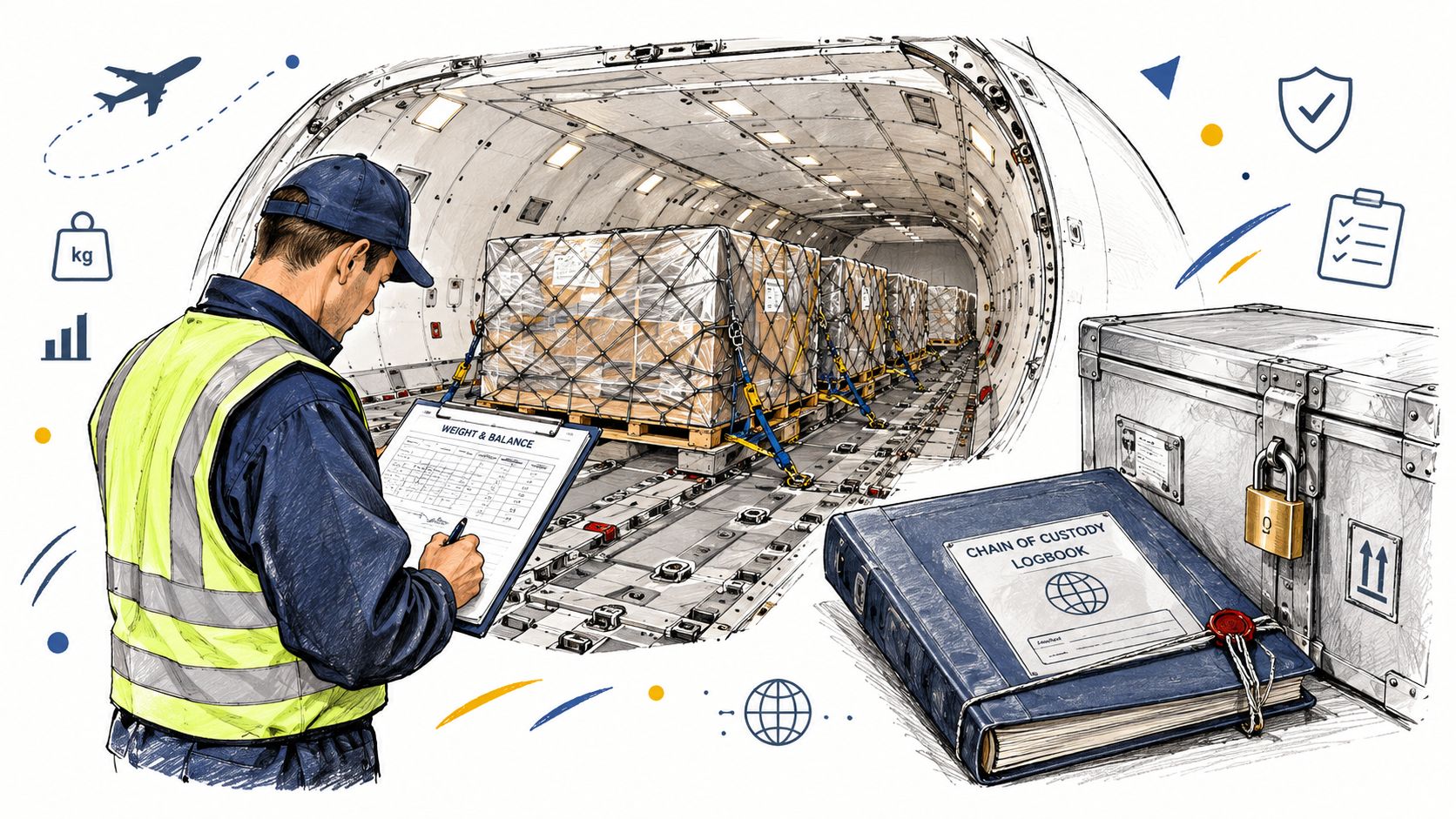 A logistics officer inspecting cargo inside an airplane hold with weight and balance documentation and chain of custody.