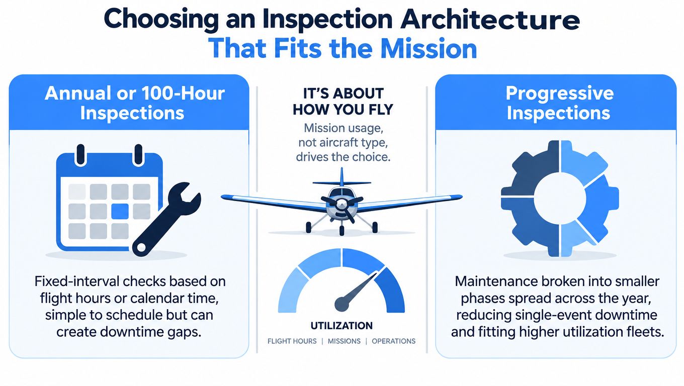 A comparison chart showing the differences between annual, 100-hour, and progressive aircraft inspection maintenance programs.