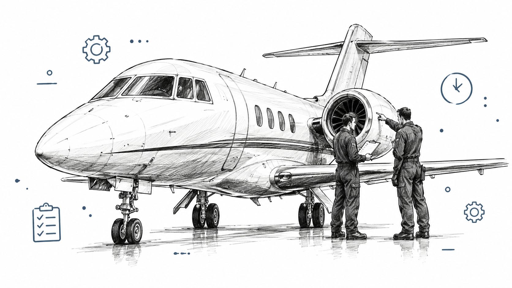 Two aviation mechanics inspecting a business jet engine on the tarmac with a clipboard and tools.